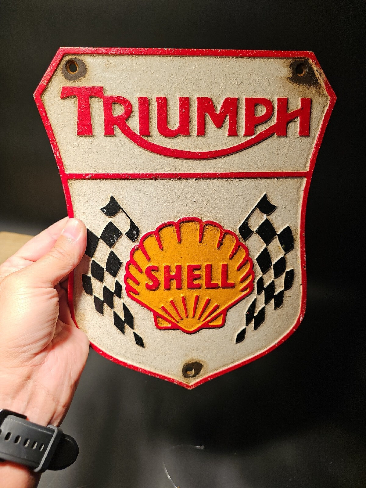 Antique Vintage Style Cast Iron Triumph Shell Gas Oil Sign Plaque