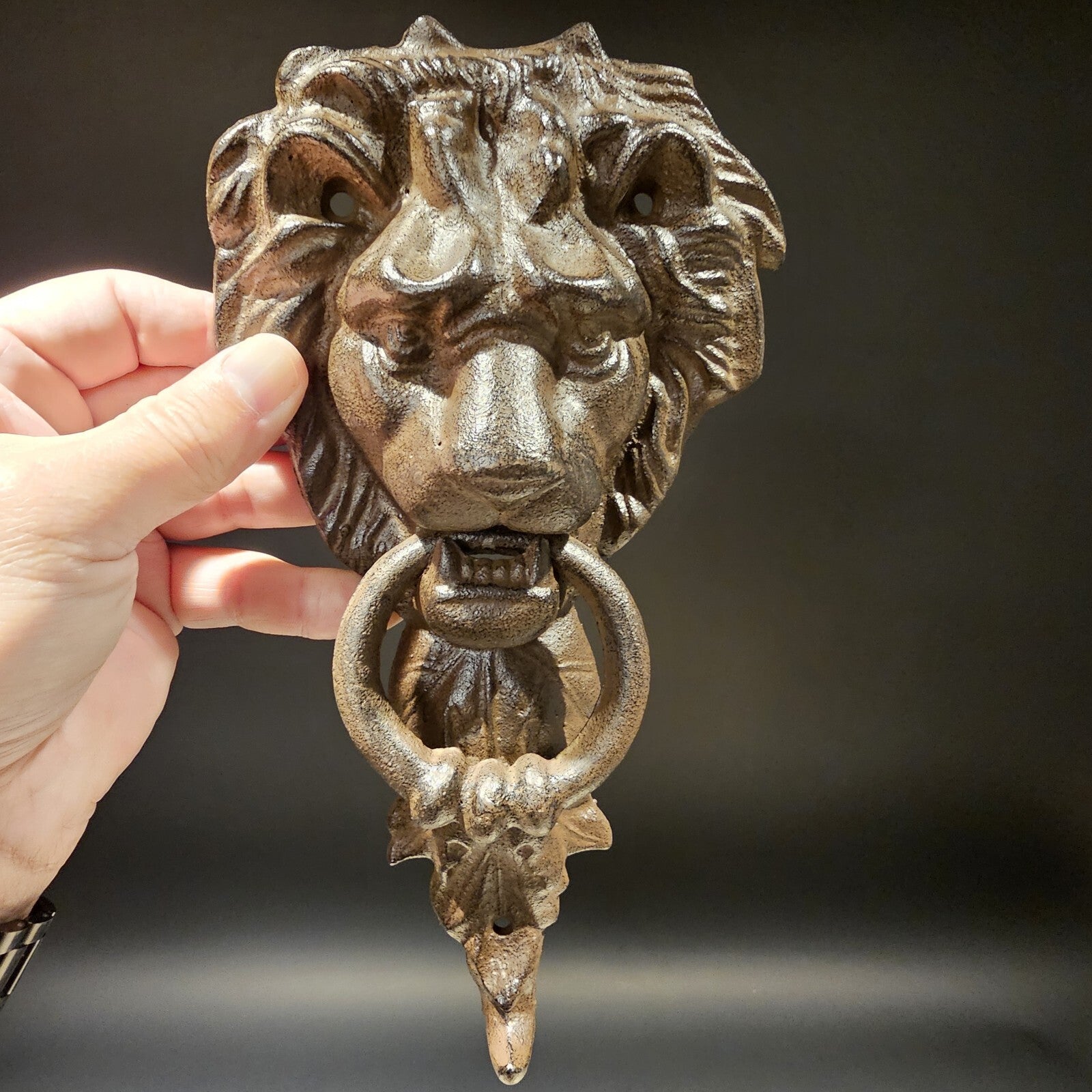 Antique Vintage Style Cast Iron Lion Door Knocker w Hook