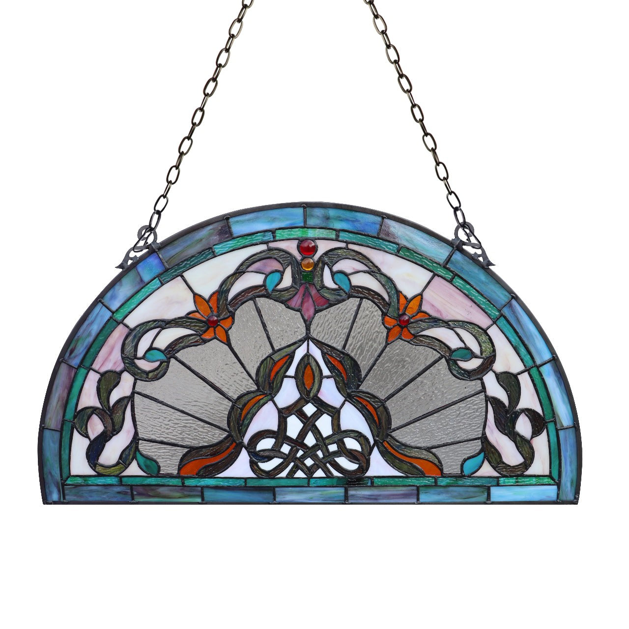 24" Tiffany Style Stained Glass Window Panel Victorian Semi Circle