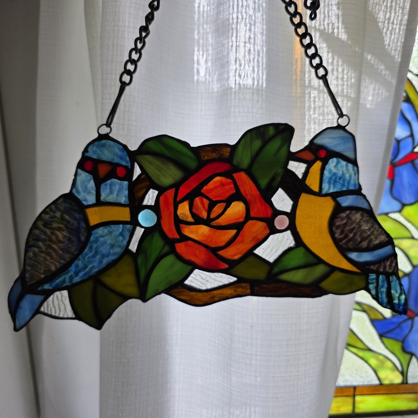 Tiffany Style Stained Glass Birds Panel – Rose Floral Suncatcher