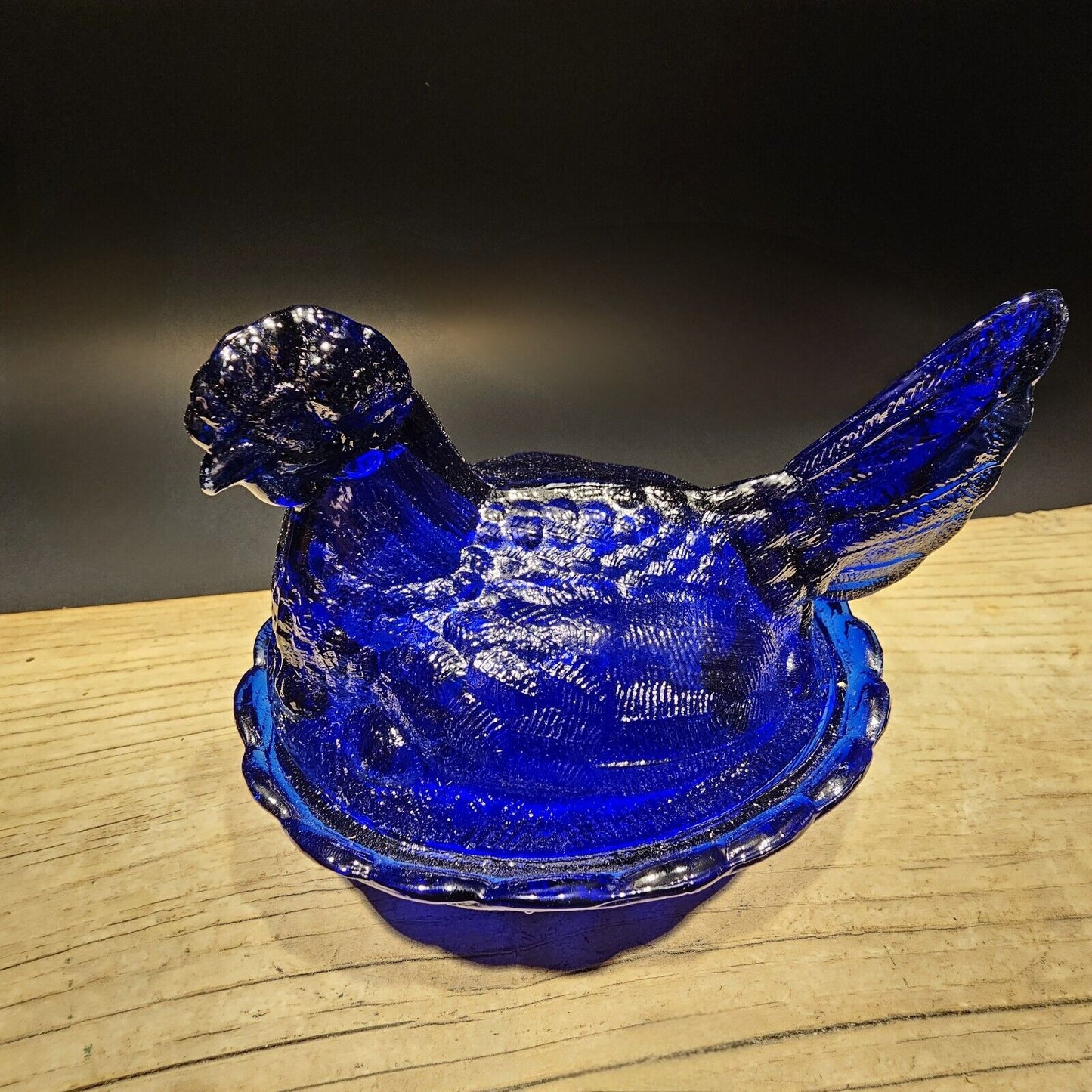 Antique Vintage Style Cobalt Blue Depression Glass Chicken Hen On Nest Dish
