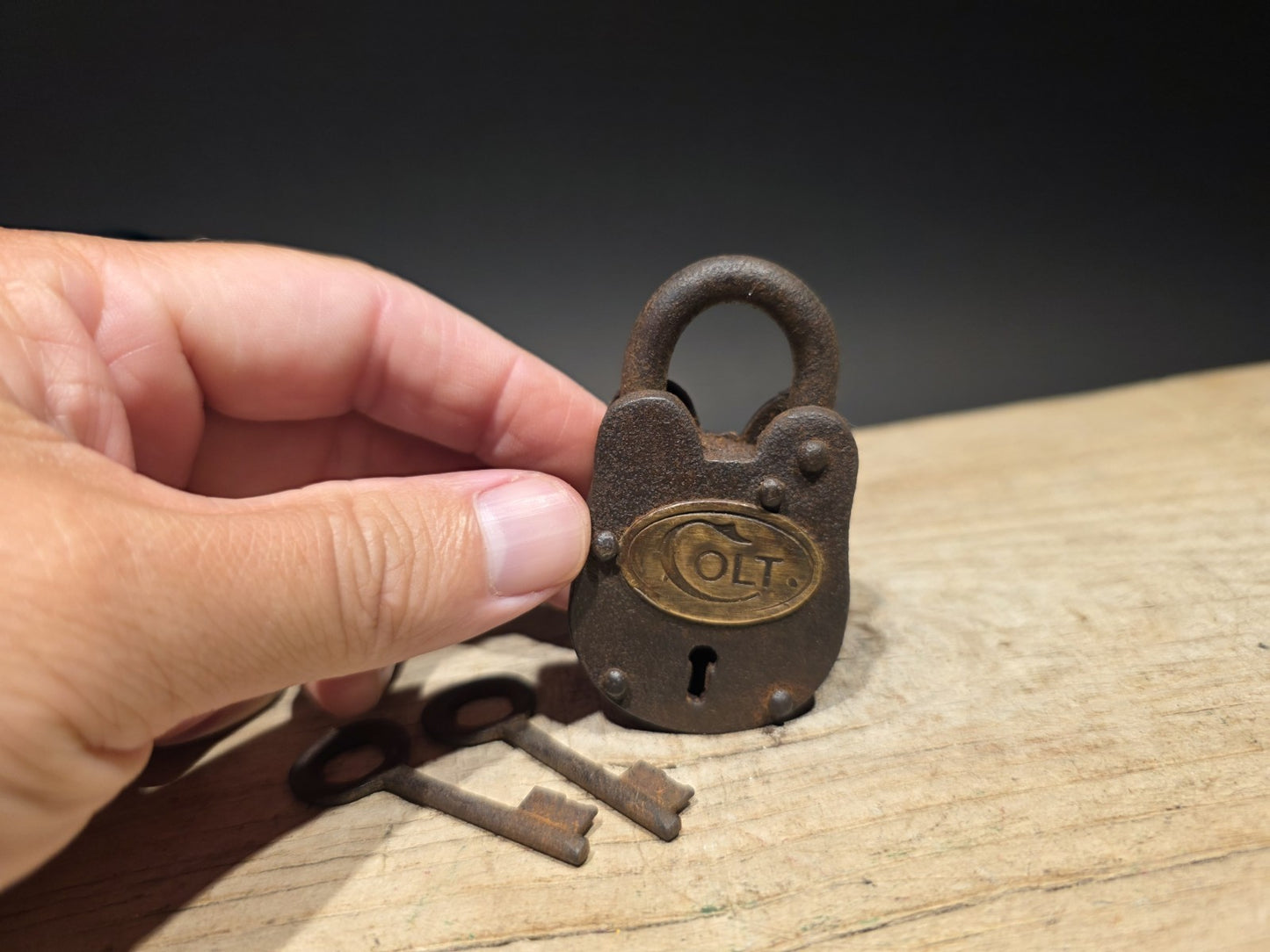 Antique Vintage Style Cast Iron Colt Firearms Ammo Box Padlock Lock & Key 
