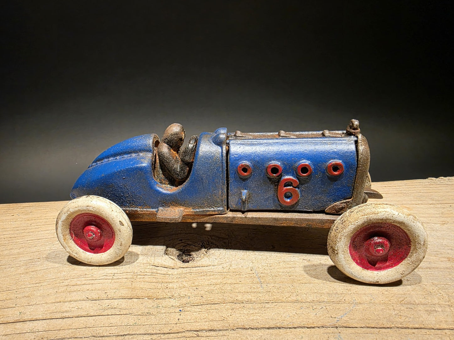 Antique Vintage Style Blue Cast Iron Toy Race Car w Lifting Hood