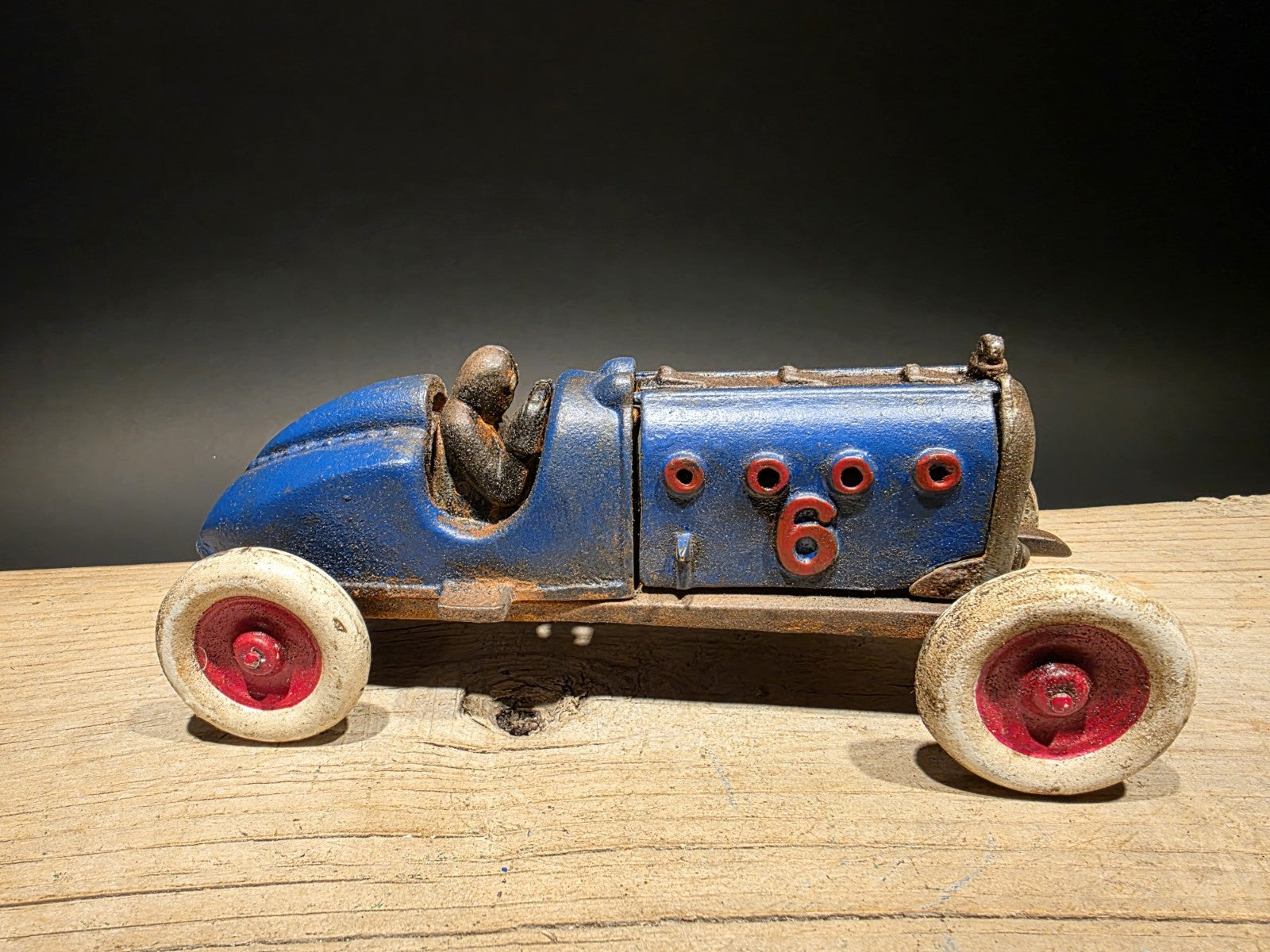 Antique Vintage Style Blue Cast Iron Toy Race Car w Lifting Hood