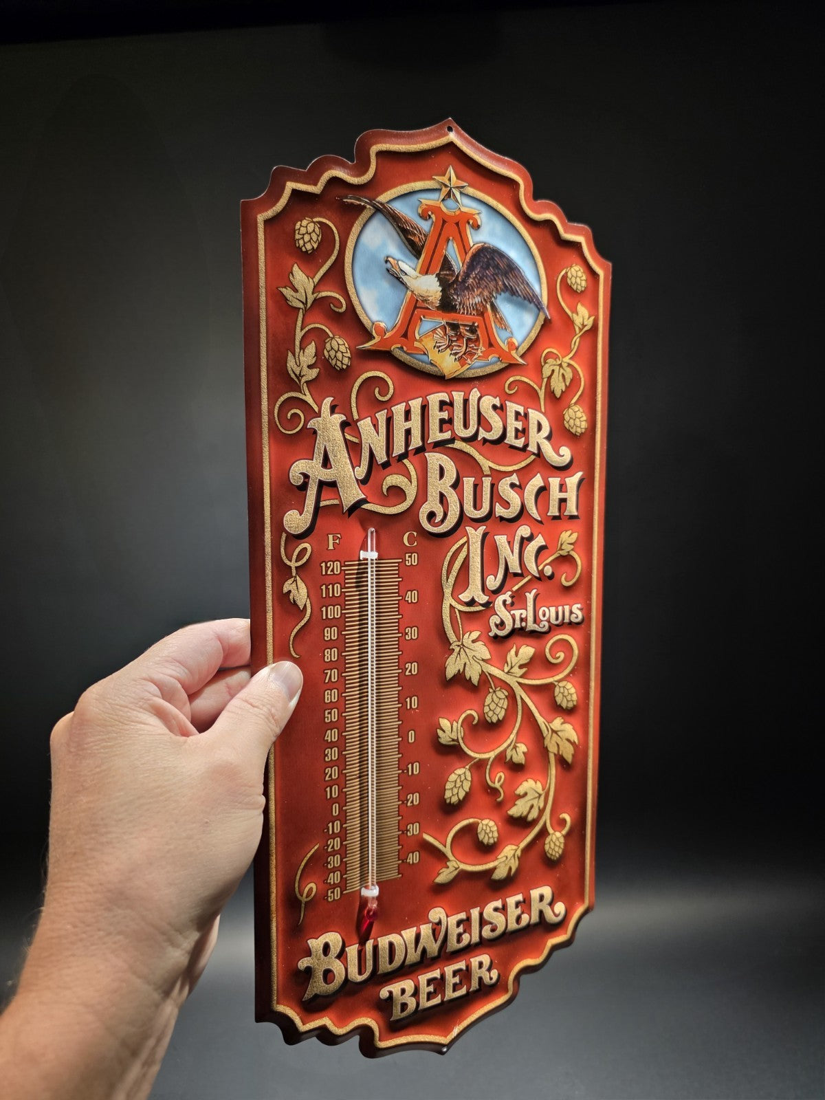 Metal Vintage Style Anheuser Busch Budweiser Wall Thermometer Sign