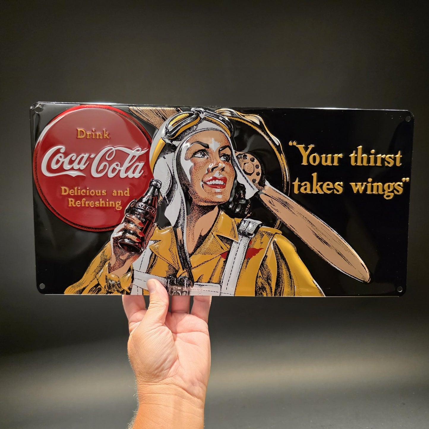 Ande Rooney Signs Coca-Cola Gee Bee Your Thirst Takes Wings Embossed Tin Sign