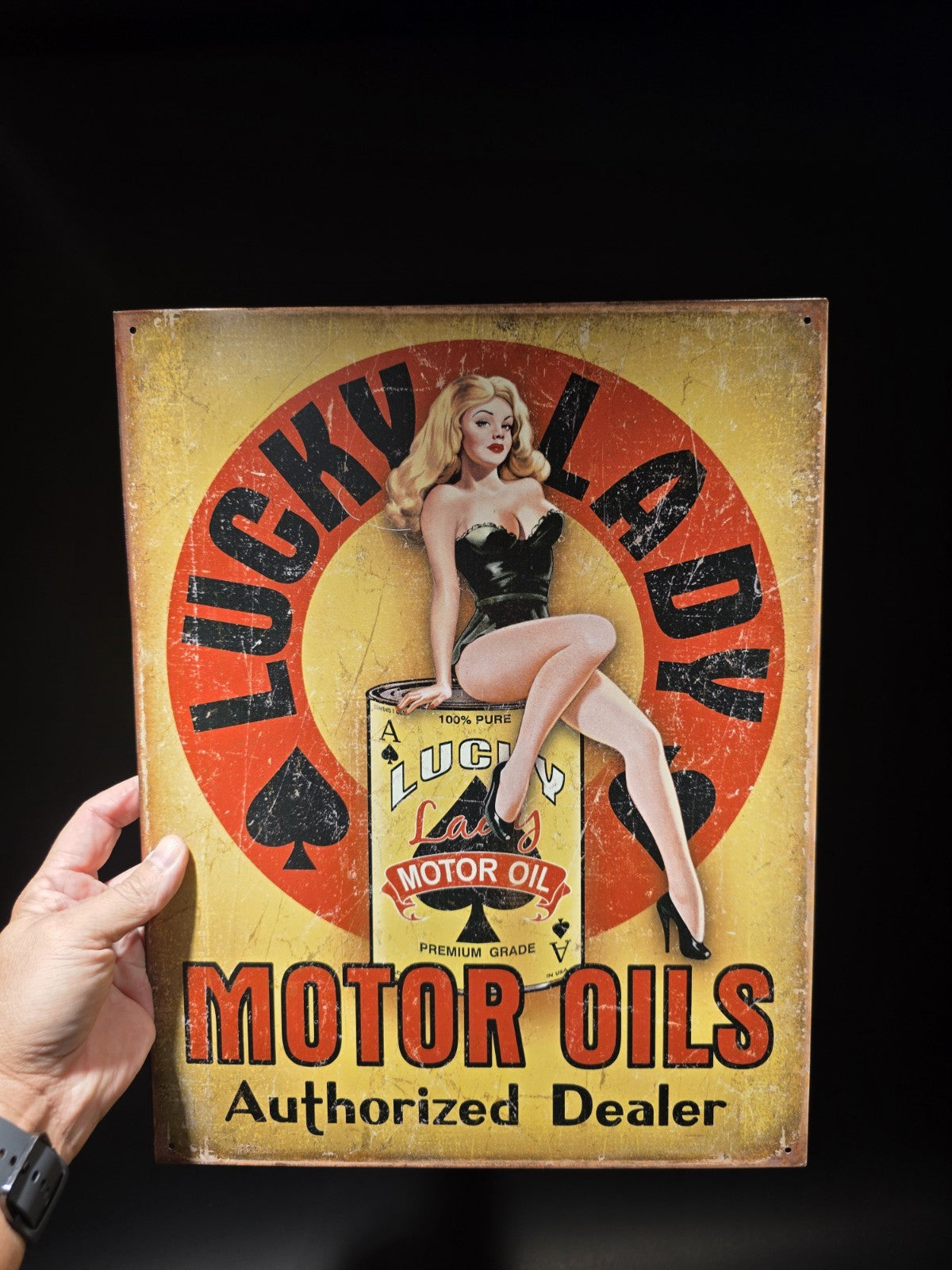 Lucky Lady Motor Oil Vintage-Style Tin Sign Pin-Up Gas & Garage Advertisement