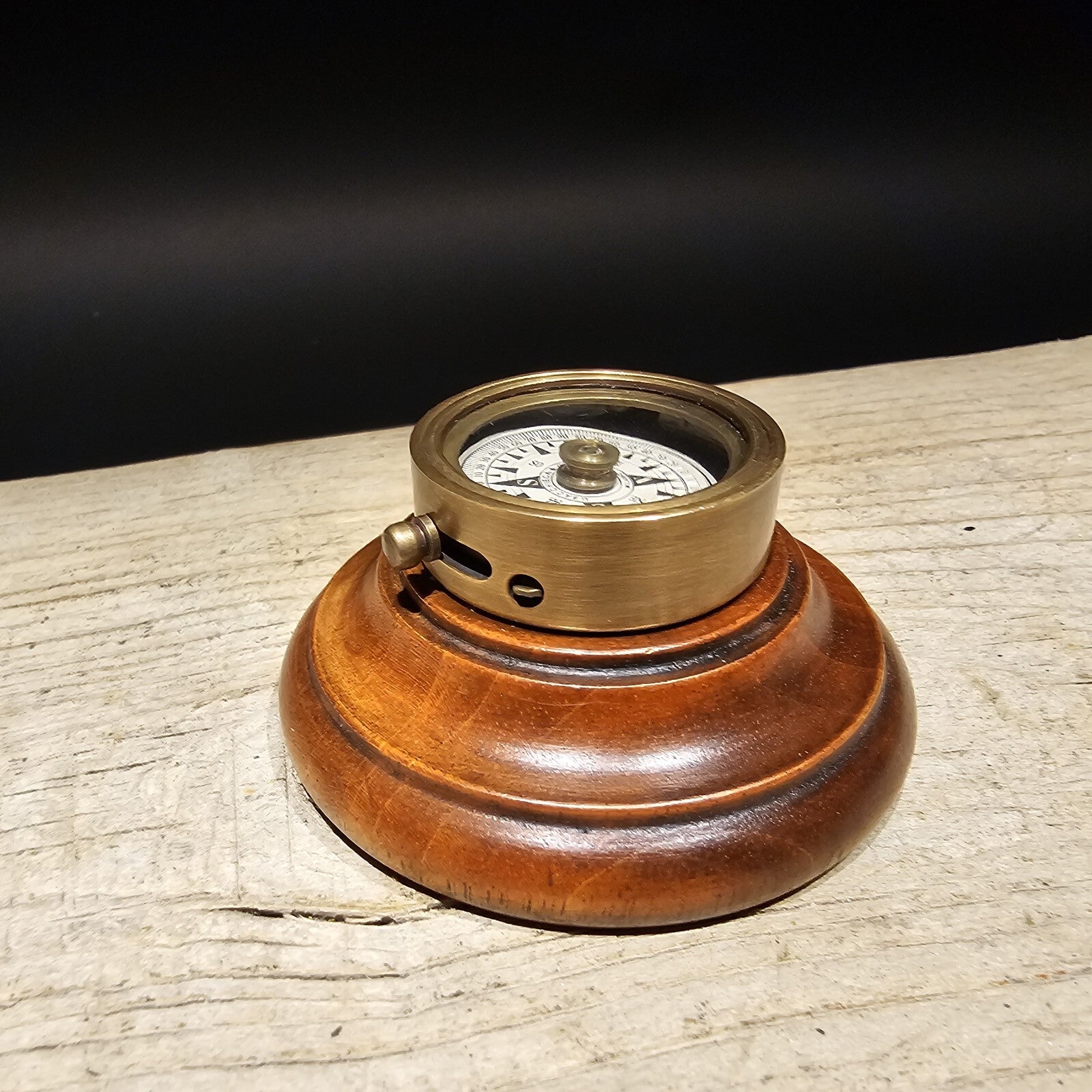 Antique Style Turned Mahagony Wood and Brass Compass