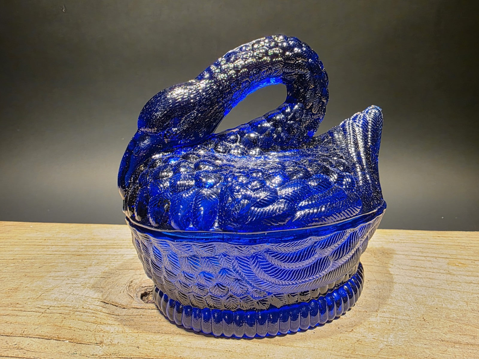 Vintage Style Cobalt Blue Depression Glass Swan Candy Dish Box