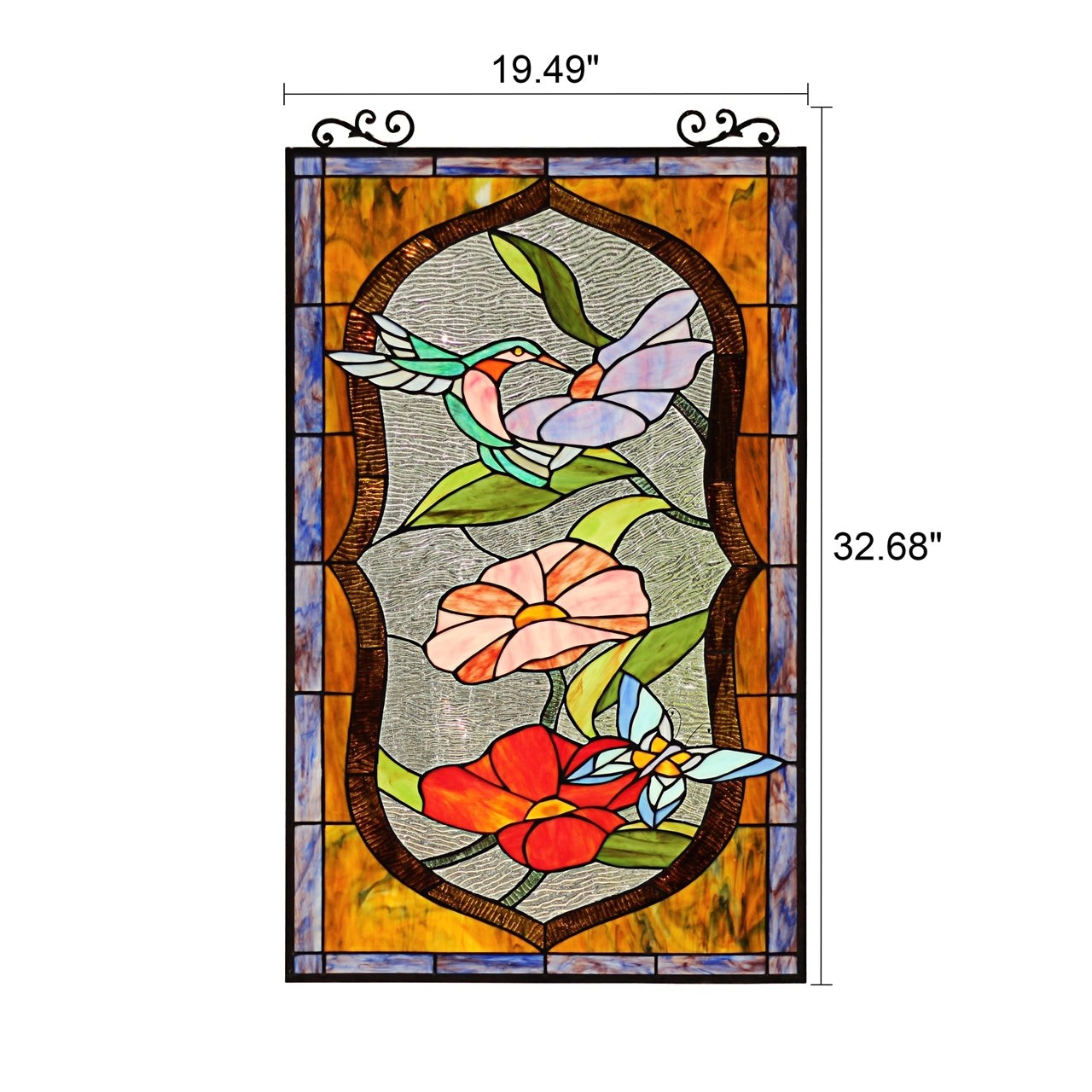 32.68" Tiffany Style Stained Glass Window Panel Poppy & Hummingbird