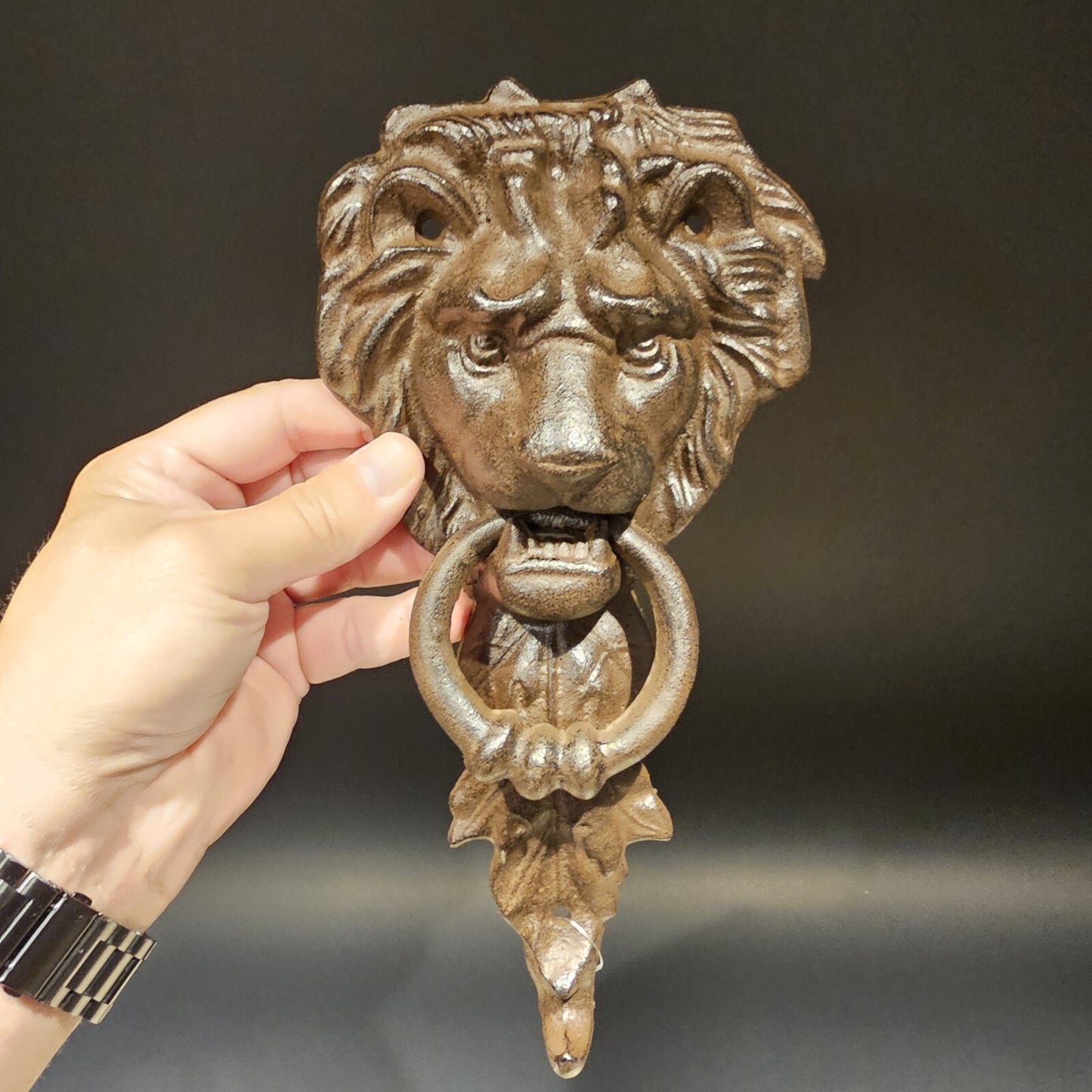 Antique Vintage Style Cast Iron Lion Door Knocker w Hook