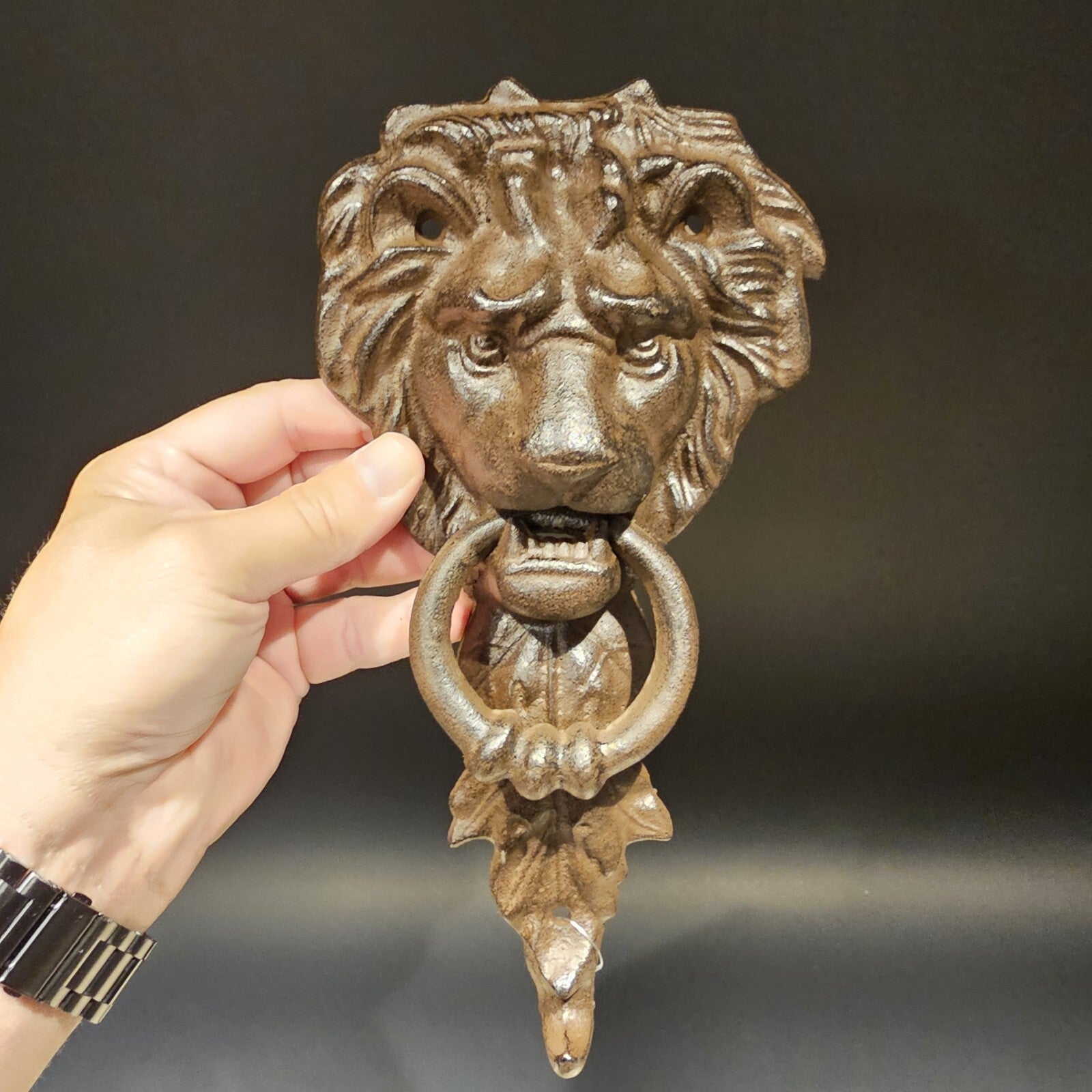 Antique Vintage Style Cast Iron Lion Door Knocker w Hook