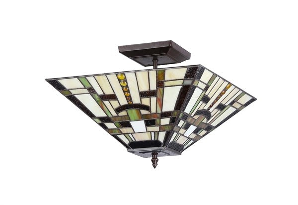 14" Vintage Style Mission Stained Glass Semi Flush Ceiling Uplight