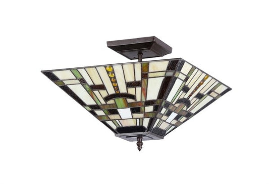 14" Vintage Style Mission Stained Glass Semi Flush Ceiling Uplight