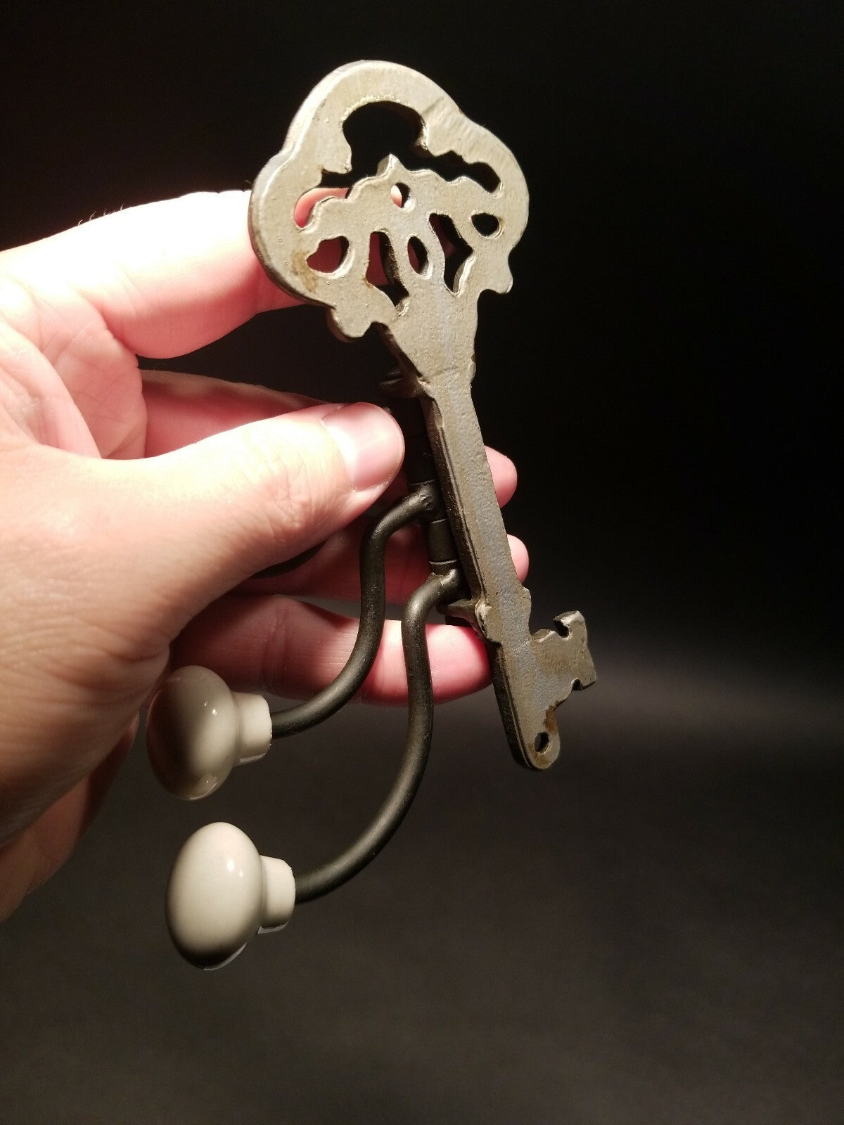 Antique Vintage Style Cast Iron Key Swivel Hook W Porcelain Knobs
