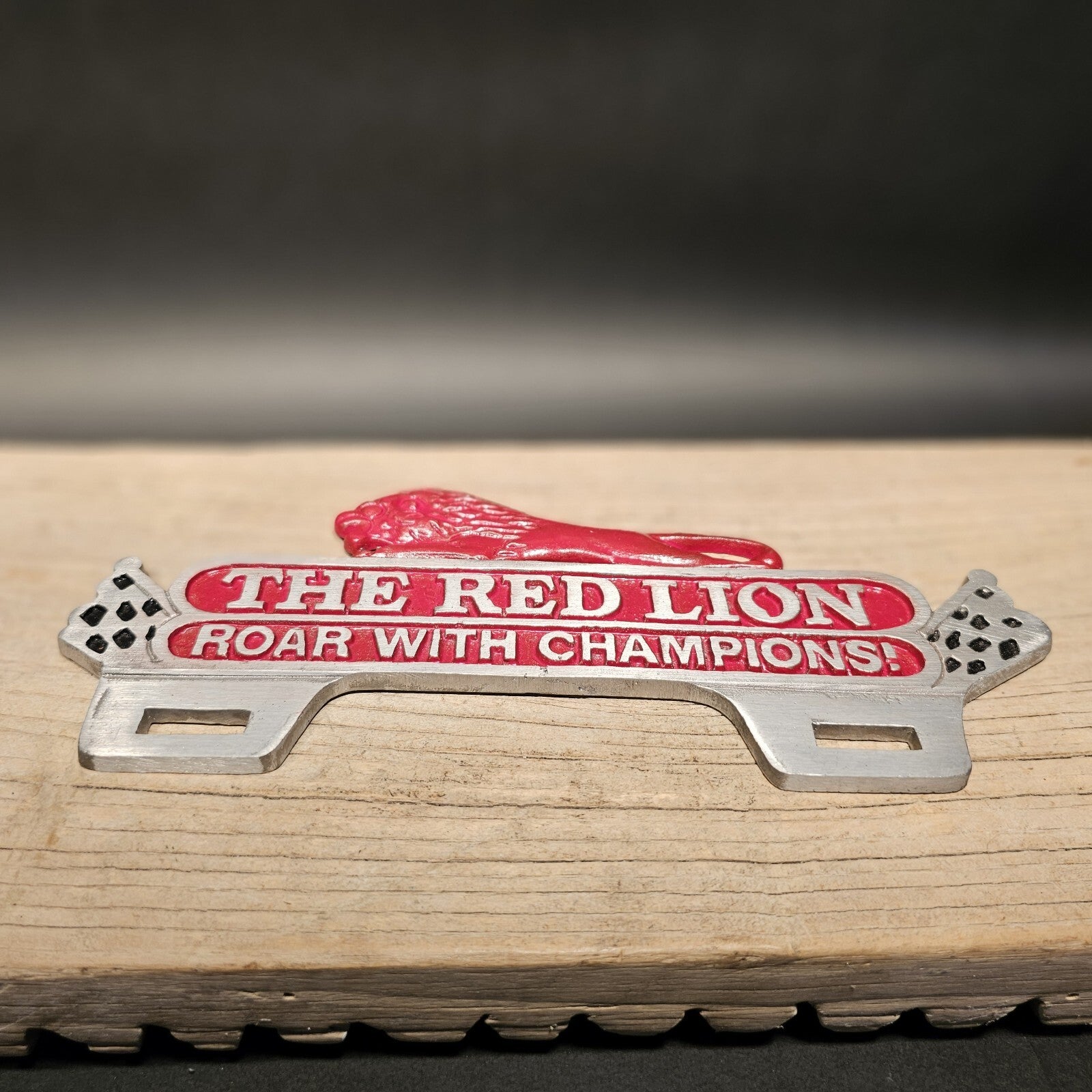 Antique Vintage Style Aluminum Red Lion License Plate Fob Topper