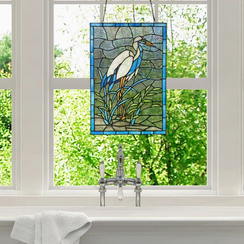 18"  White & Blue Crane Stained Glass Window Panel