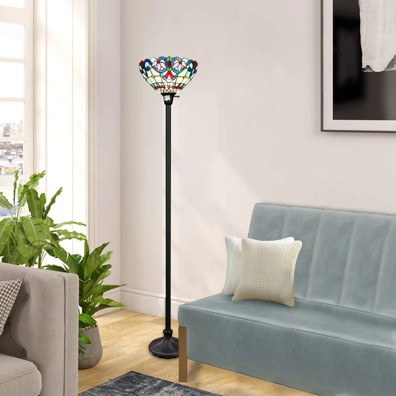 70.5" Antique Vintage Style Stained Glass Torchiere Floor Lamp