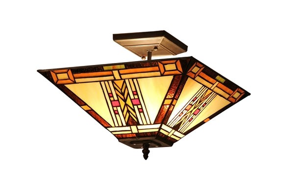 13.86" Vintage Style Mission Stained Glass Semi Flush Ceiling Uplight
