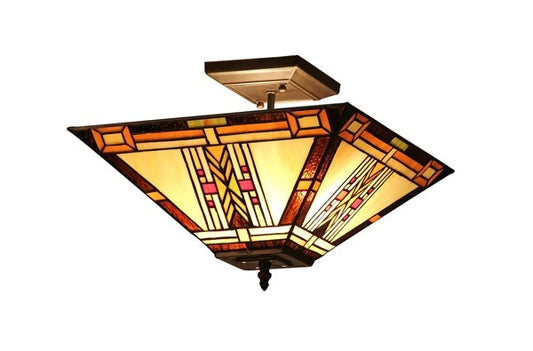 13.86" Vintage Style Mission Stained Glass Semi Flush Ceiling Uplight