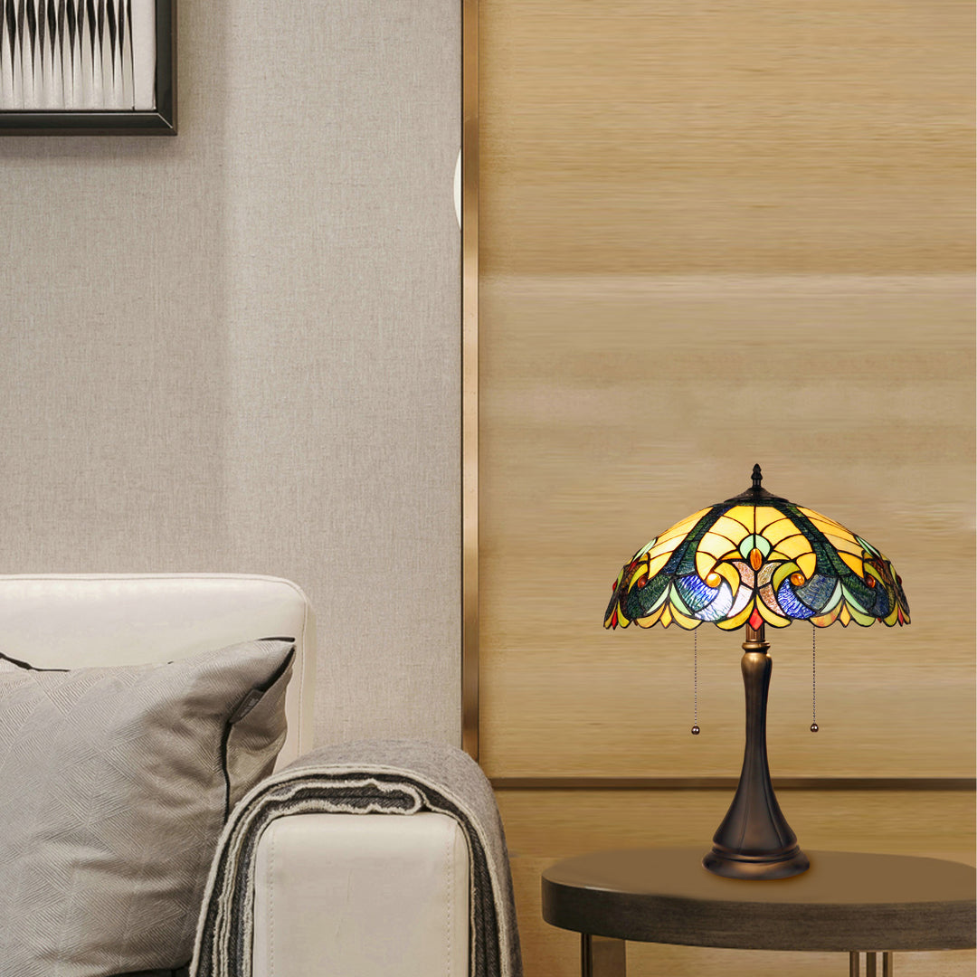22" x 16" Amber & Green Victorian Stained Glass Table Lamp