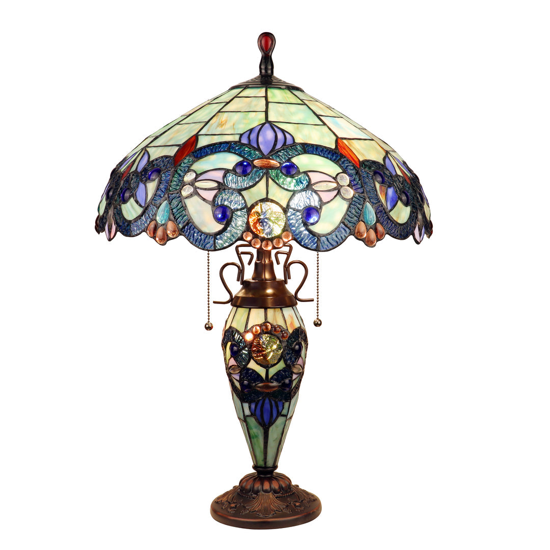 24.5" x 18" Victorian Double-Lit Stained Glass Table Lamp – Blue & Green