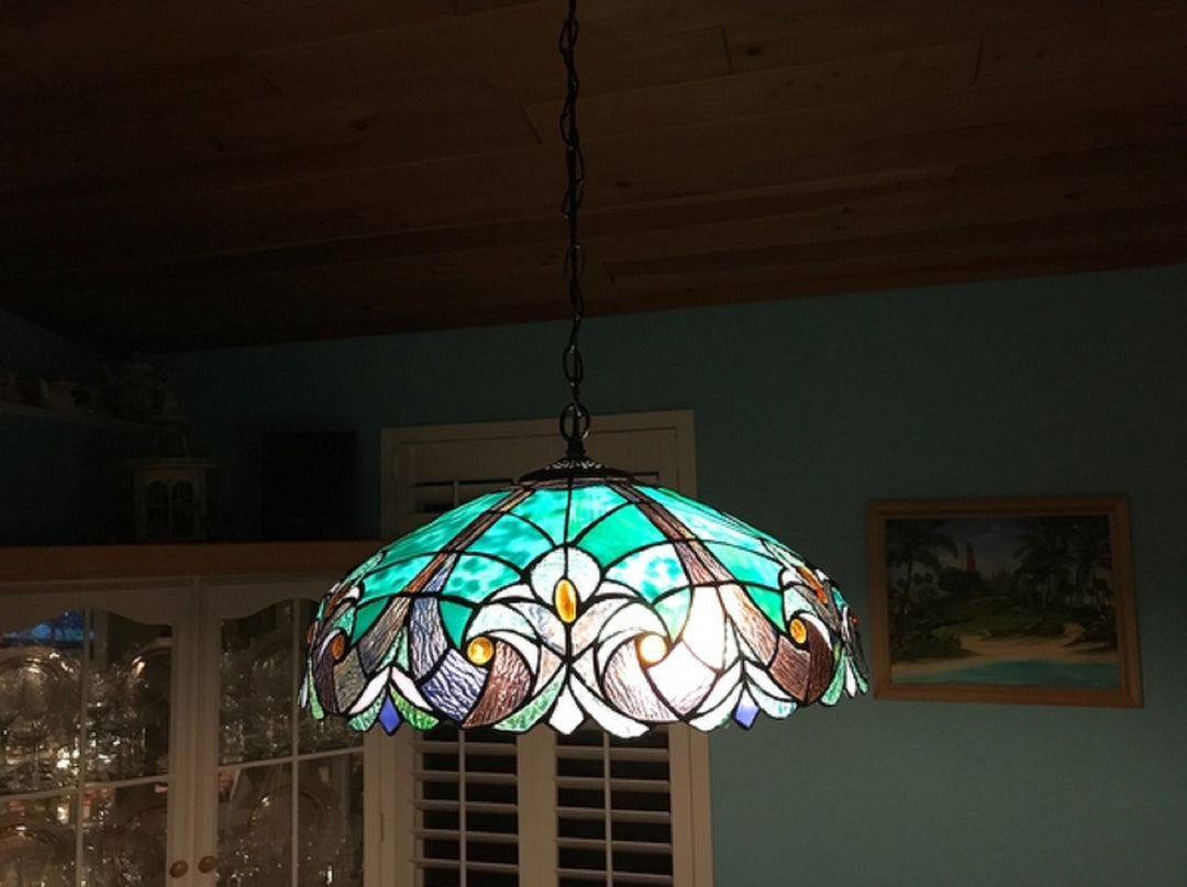 12" x 18" Victorian Stained Glass Ceiling Pendant – Green & Aqua