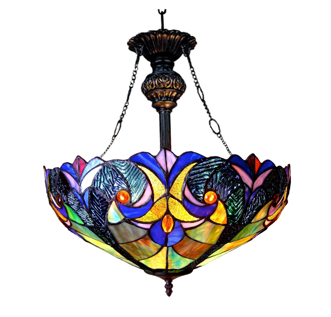 22" x 18" Victorian Stained Glass Inverted Ceiling Pendant – Blue & Green