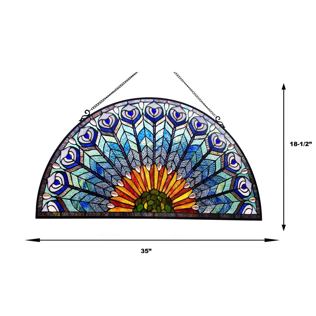 Blue Peacock Feather Stained Glass Fan Window Panel – 35 in.