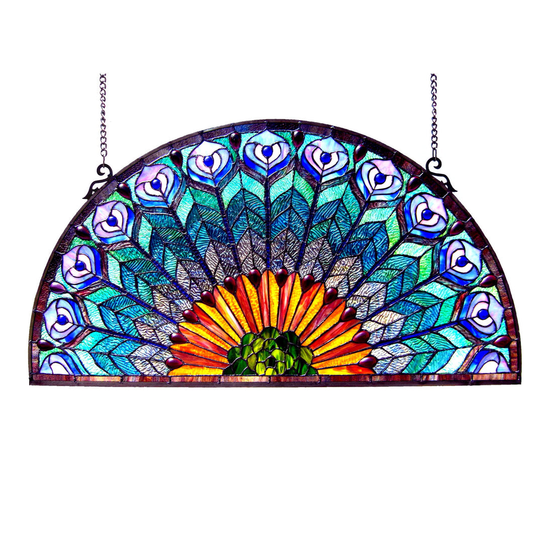 Blue Peacock Feather Stained Glass Fan Window Panel – 35 in.
