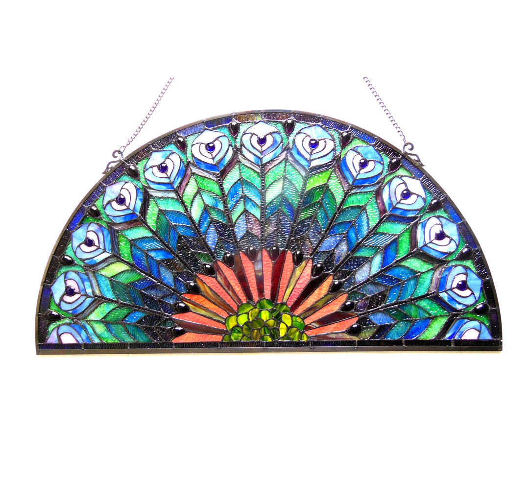 Blue Peacock Feather Stained Glass Fan Window Panel – 35 in.