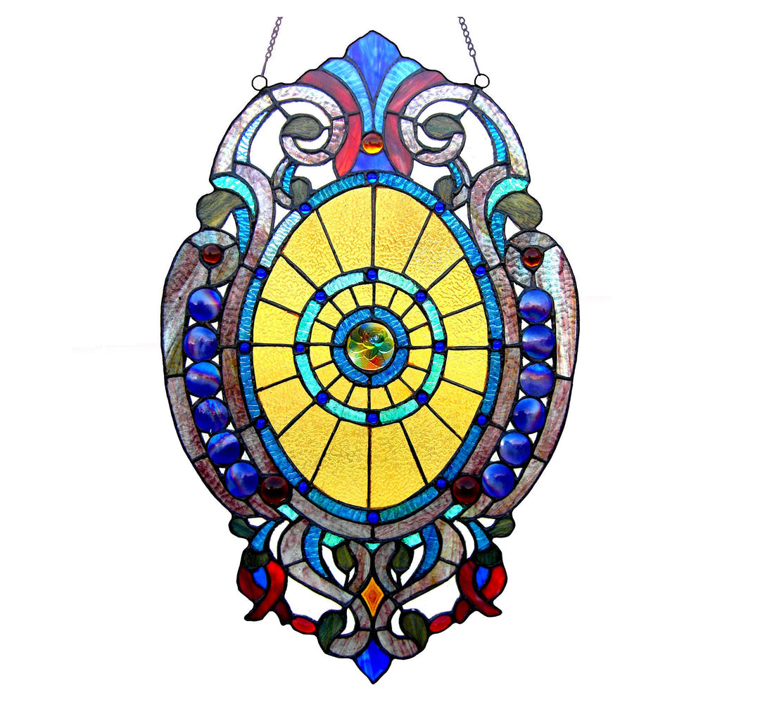 Victorian Medallion Stained Glass Window Panel – 15 x 23 in.