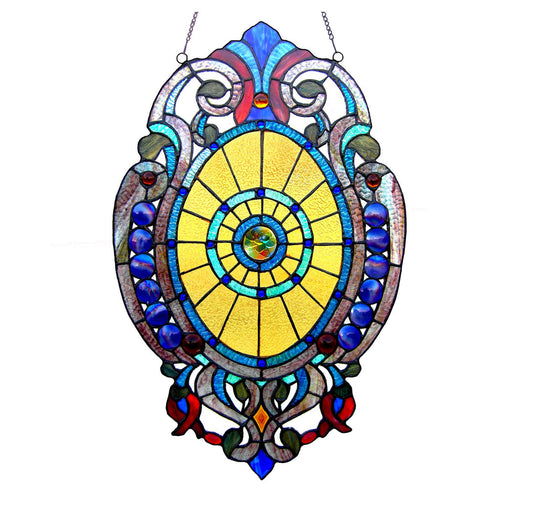 Victorian Medallion Stained Glass Window Panel – 15 x 23 in.