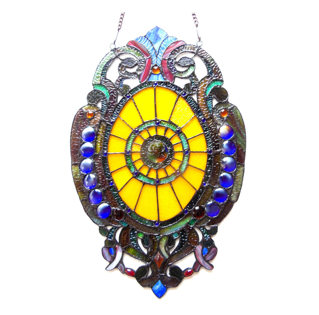 Victorian Medallion Stained Glass Window Panel – 15 x 23 in.