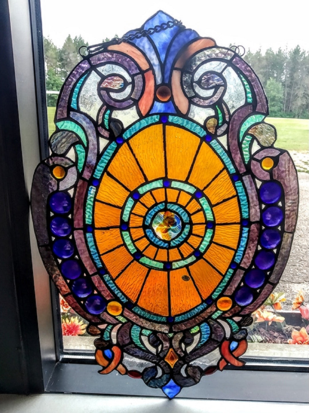 Victorian Medallion Stained Glass Window Panel – 15 x 23 in.