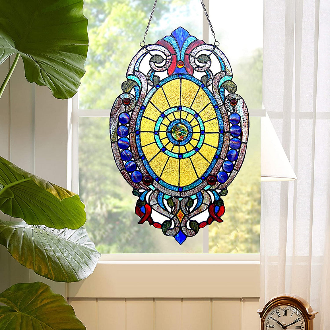 Victorian Medallion Stained Glass Window Panel – 15 x 23 in.