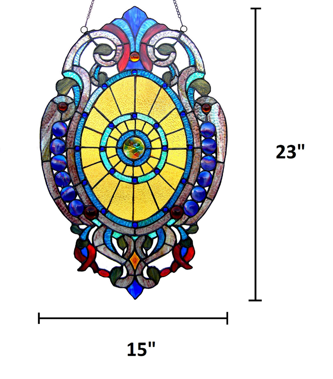 Victorian Medallion Stained Glass Window Panel – 15 x 23 in.