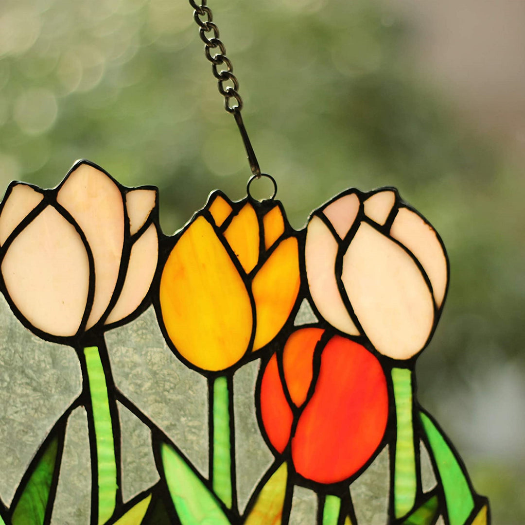 11" x 18" Tulip Garden Stained Glass Window Panel