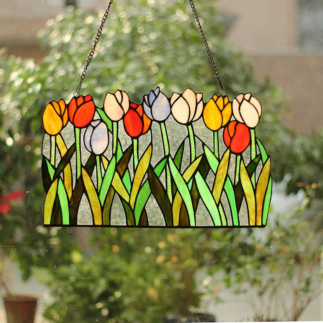 11" x 18" Tulip Garden Stained Glass Window Panel