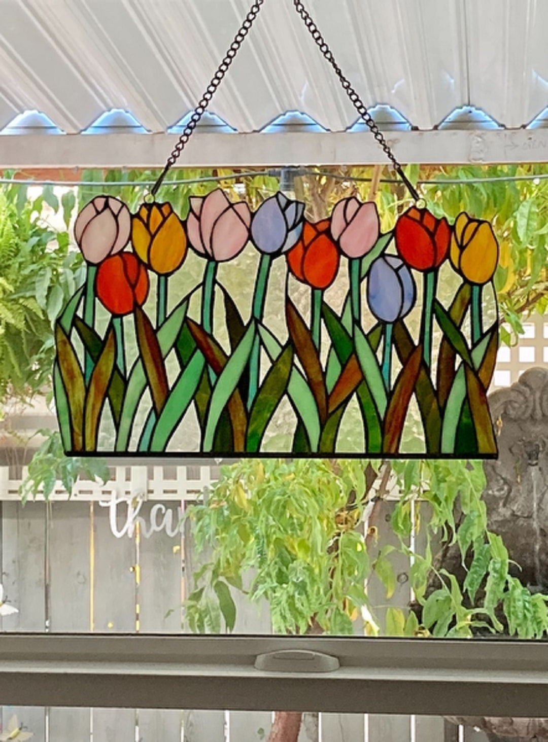 11" x 18" Tulip Garden Stained Glass Window Panel