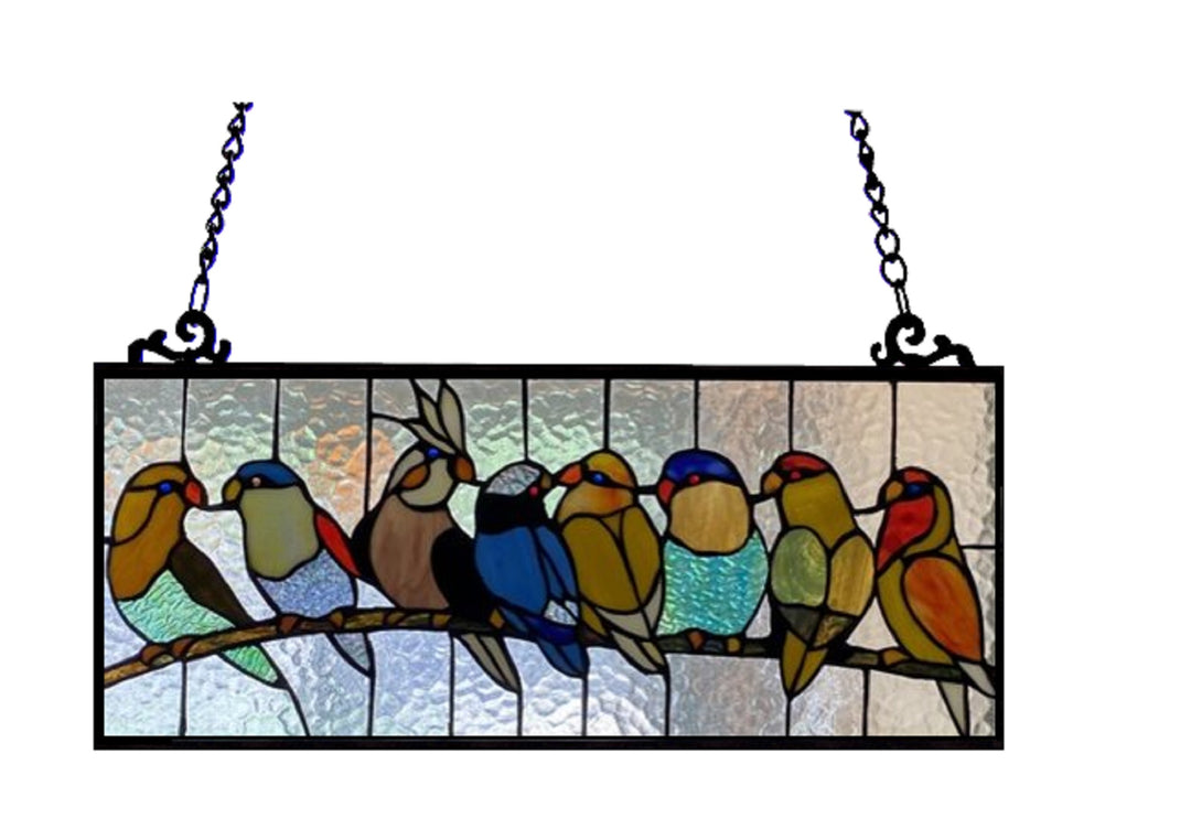 10.5" x 25.5" Colorful Birds Stained Glass Window Panel