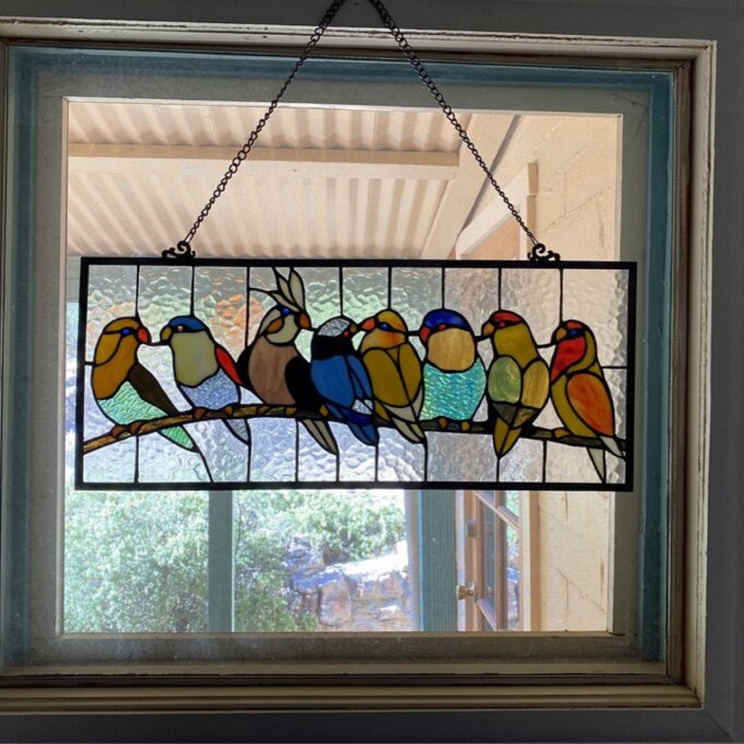 10.5" x 25.5" Colorful Birds Stained Glass Window Panel