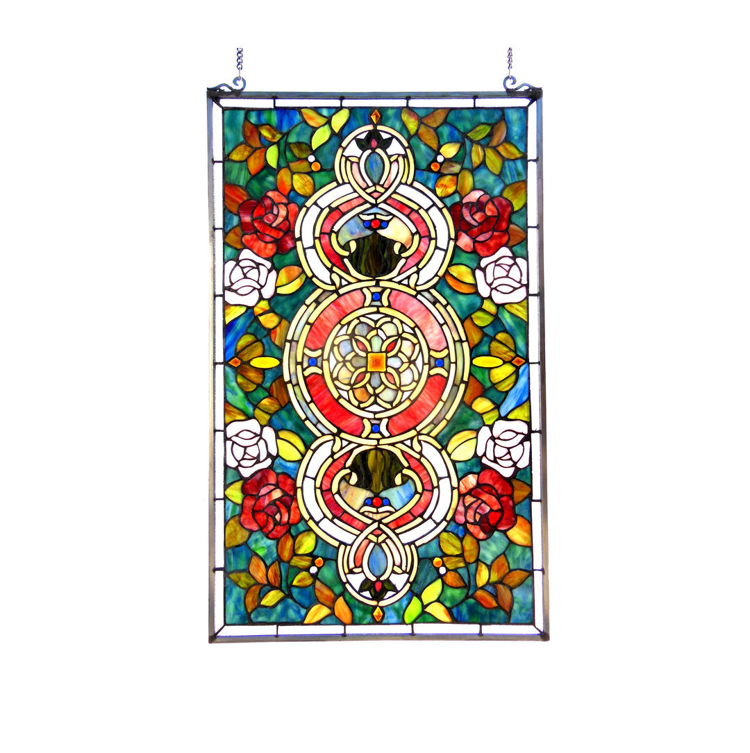 32" x 20" Victorian Rose Medallion Stained Glass Window Panel – Teal