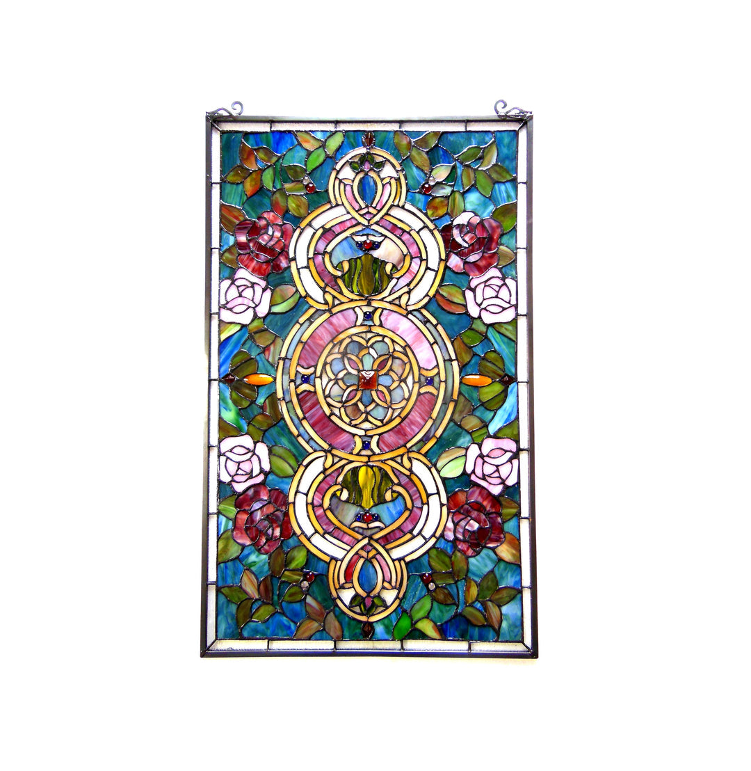 32" x 20" Victorian Rose Medallion Stained Glass Window Panel – Teal