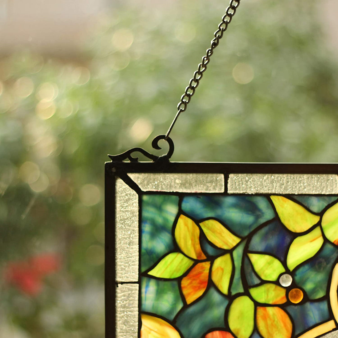 32" x 20" Victorian Rose Medallion Stained Glass Window Panel – Teal