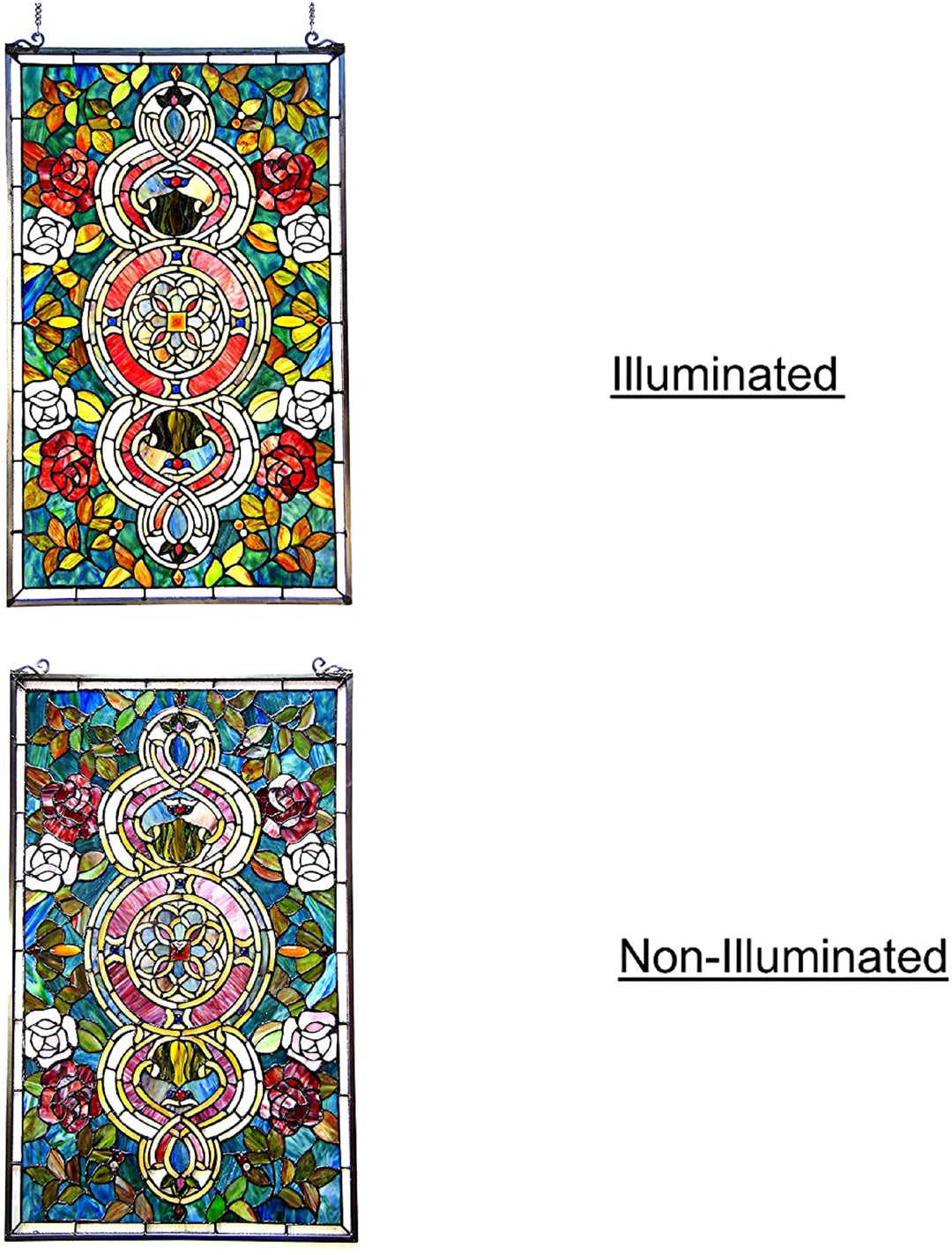 32" x 20" Victorian Rose Medallion Stained Glass Window Panel – Teal