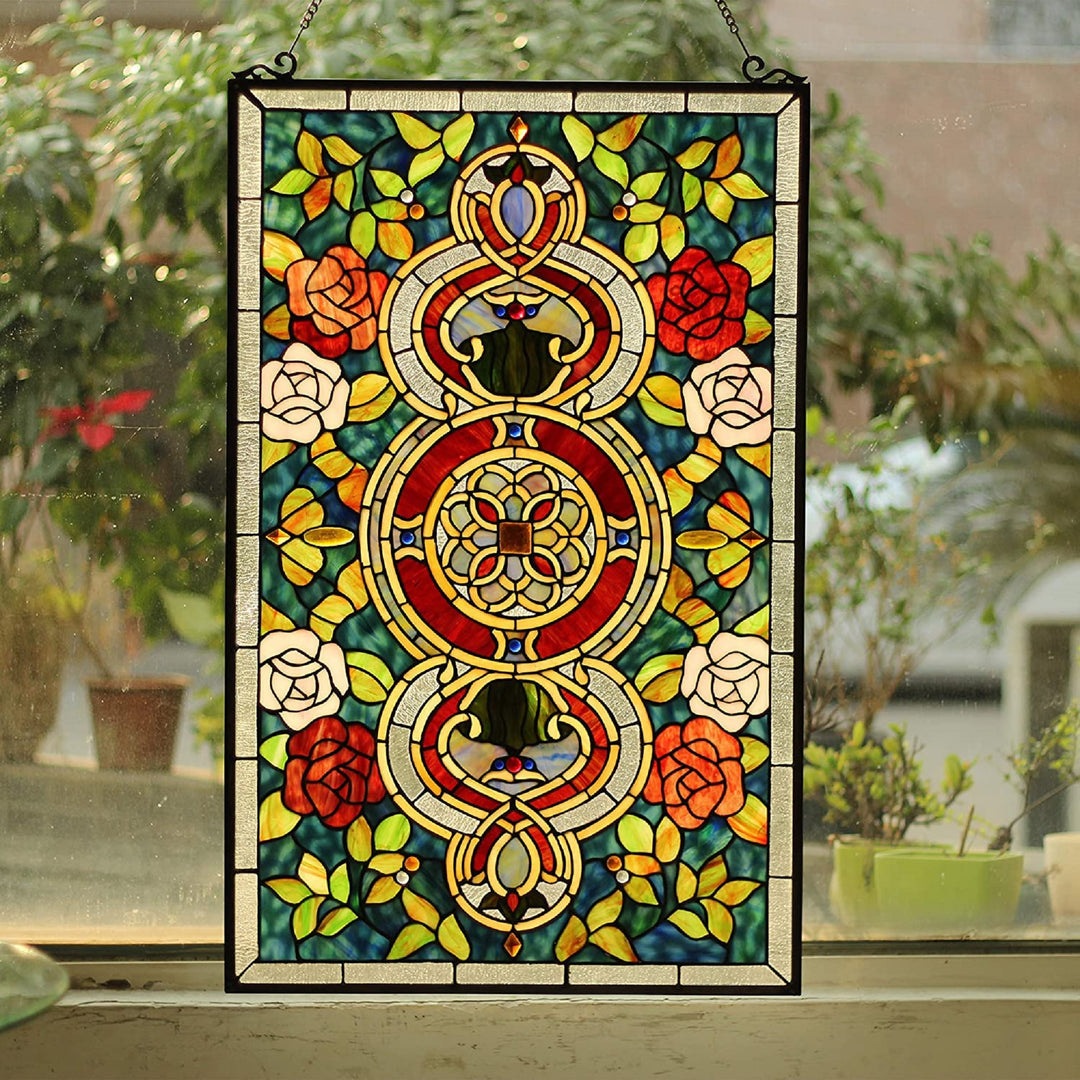 32" x 20" Victorian Rose Medallion Stained Glass Window Panel – Teal