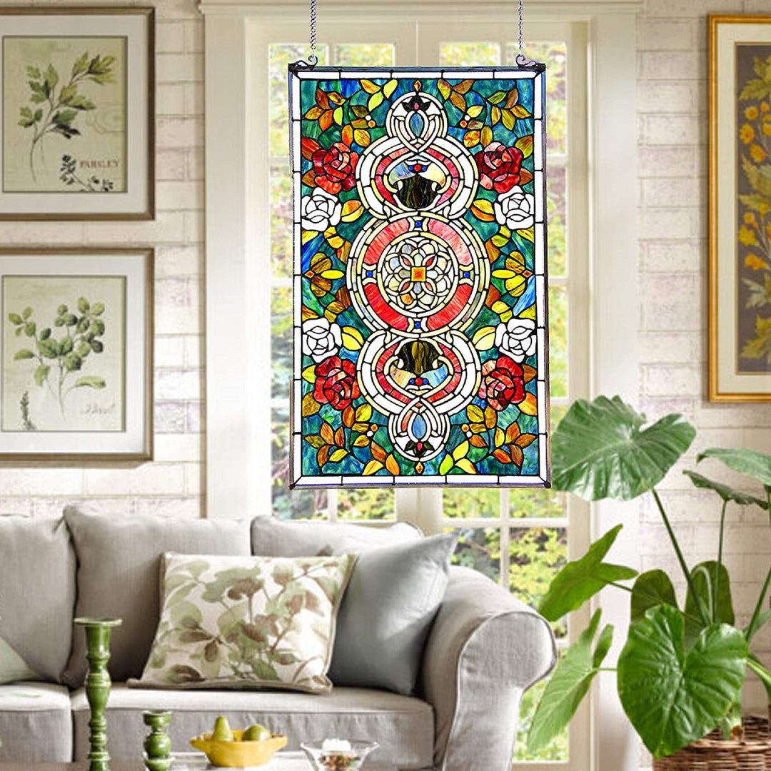 32" x 20" Victorian Rose Medallion Stained Glass Window Panel – Teal
