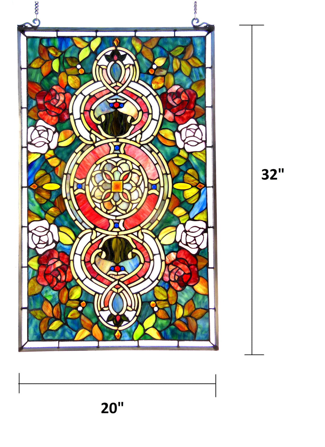 32" x 20" Victorian Rose Medallion Stained Glass Window Panel – Teal