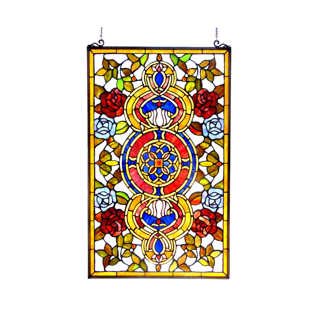 32" x 20" Victorian Rose Medallion Stained Glass Window Panel – Amber